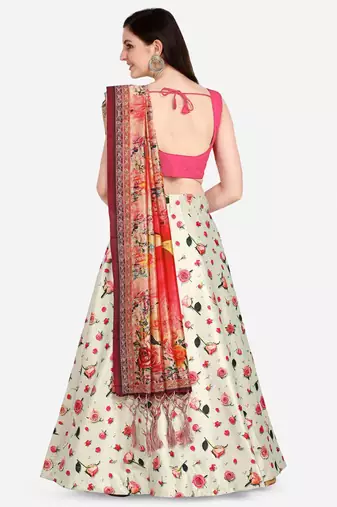white digital floral print satin silk lehenga choli with dupatta