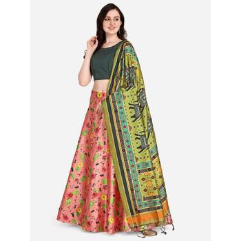 Green Digital Floral Print Satin Silk Fabric Semistitched Lehenga Choli With Jequared Unstitched Blouse with Dupatta 1