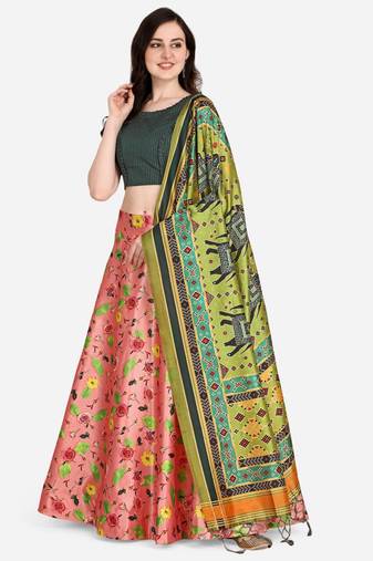 Green Digital Floral Print Satin Silk Fabric Semistitched Lehenga Choli With Jequared Unstitched Blouse with Dupatta