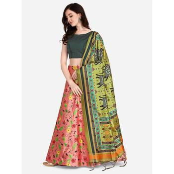 Green Digital Floral Print Satin Silk Fabric Semistitched Lehenga Choli With Jequared Unstitched Blouse with Dupatta 2