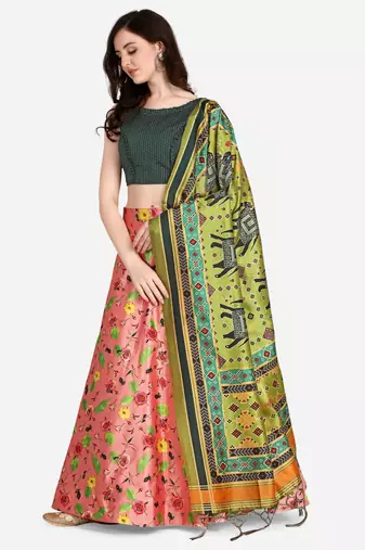 Green Digital Floral Print Satin Silk Fabric Semistitched Lehenga Choli With Jequared Unstitched Blouse with Dupatta