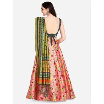 Green Digital Floral Print Satin Silk Fabric Semistitched Lehenga Choli With Jequared Unstitched Blouse with Dupatta 3