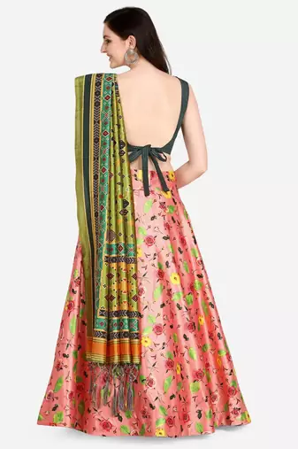 Green Digital Floral Print Satin Silk Fabric Semistitched Lehenga Choli With Jequared Unstitched Blouse with Dupatta