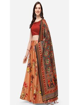 peach digital floral print satin silk lehenga choli with dupatta 1