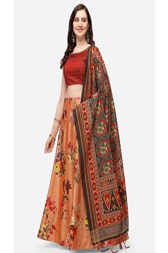 peach digital floral print satin silk lehenga choli with dupatta