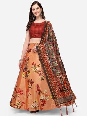 peach digital floral print satin silk lehenga choli with dupatta 2