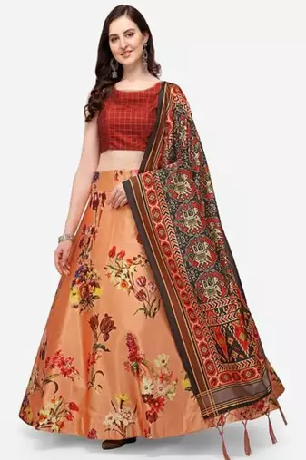 peach digital floral print satin silk lehenga choli with dupatta