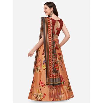 peach digital floral print satin silk lehenga choli with dupatta 3