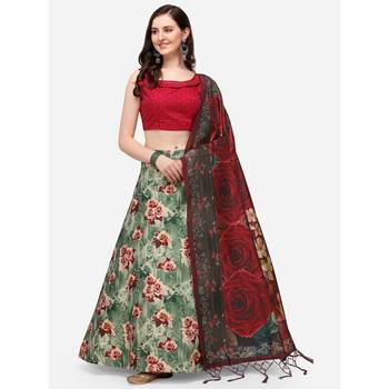 Maroon Digital Floral Print Satin Silk Fabric Semistitched Lehenga Choli With Jequared Unstitched Blouse with Dupatta 1