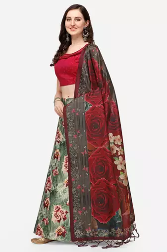 Maroon Digital Floral Print Satin Silk Fabric Semistitched Lehenga Choli With Jequared Unstitched Blouse with Dupatta