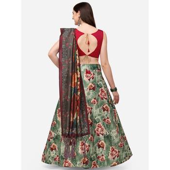 Maroon Digital Floral Print Satin Silk Fabric Semistitched Lehenga Choli With Jequared Unstitched Blouse with Dupatta 3
