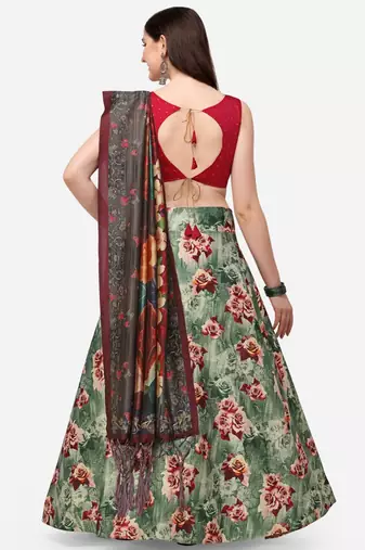 Maroon Digital Floral Print Satin Silk Fabric Semistitched Lehenga Choli With Jequared Unstitched Blouse with Dupatta