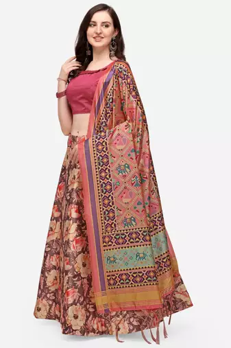 Pink Digital Floral Print Satin Silk Fabric Semistitched Lehenga Choli With Jequared Unstitched Blouse with Dupatta