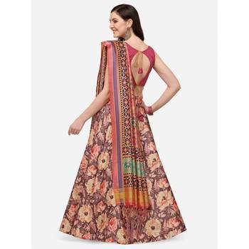Pink Digital Floral Print Satin Silk Fabric Semistitched Lehenga Choli With Jequared Unstitched Blouse with Dupatta 3