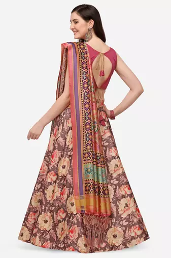 Pink Digital Floral Print Satin Silk Fabric Semistitched Lehenga Choli With Jequared Unstitched Blouse with Dupatta