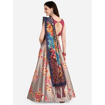 Pink Digital Floral Print Satin Silk Fabric Semistitched Lehenga Choli With Jequared Unstitched Blouse with Dupatta 2