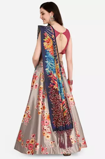 Pink Digital Floral Print Satin Silk Fabric Semistitched Lehenga Choli With Jequared Unstitched Blouse with Dupatta