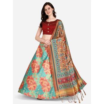 Pink Digital Floral Print Satin Silk Fabric Semistitched Lehenga Choli With Jequared Unstitched Blouse with Dupatta 1