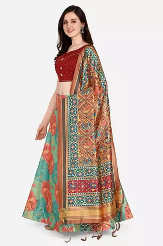 Pink Digital Floral Print Satin Silk Fabric Semistitched Lehenga Choli With Jequared Unstitched Blouse with Dupatta