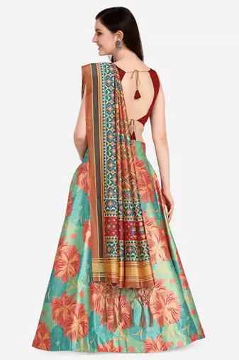 Pink Digital Floral Print Satin Silk Fabric Semistitched Lehenga Choli With Jequared Unstitched Blouse with Dupatta