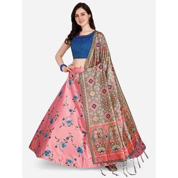 Blue Digital Floral Print Satin Silk Fabric Semistitched Lehenga Choli With Jequared Unstitched Blouse with Dupatta 2