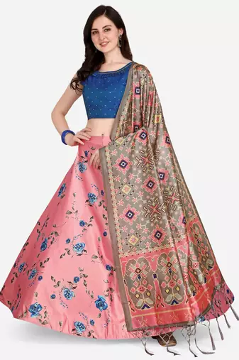Blue Digital Floral Print Satin Silk Fabric Semistitched Lehenga Choli With Jequared Unstitched Blouse with Dupatta