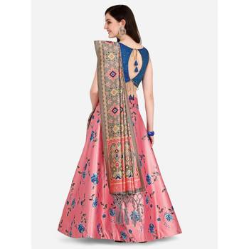 Blue Digital Floral Print Satin Silk Fabric Semistitched Lehenga Choli With Jequared Unstitched Blouse with Dupatta 3