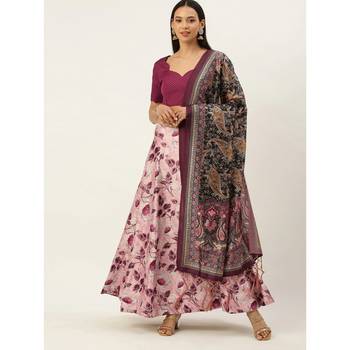 Violet Digital Floral Print Satin Silk Fabric Semistitched Lehenga Choli With Jequared Unstitched Blouse with Dupatta 1