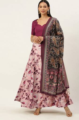 Violet Digital Floral Print Satin Silk Fabric Semistitched Lehenga Choli With Jequared Unstitched Blouse with Dupatta
