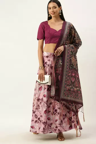 Violet Digital Floral Print Satin Silk Fabric Semistitched Lehenga Choli With Jequared Unstitched Blouse with Dupatta