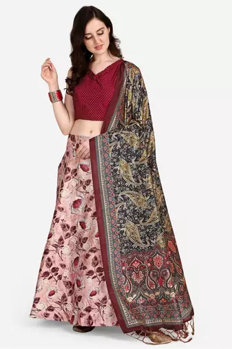 Violet Digital Floral Print Satin Silk Fabric Semistitched Lehenga Choli With Jequared Unstitched Blouse with Dupatta
