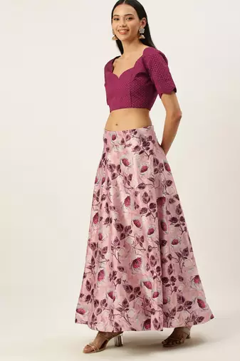Violet Digital Floral Print Satin Silk Fabric Semistitched Lehenga Choli With Jequared Unstitched Blouse with Dupatta