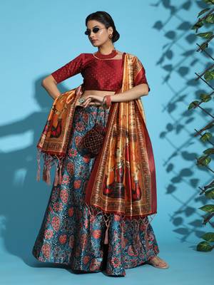 Maroon Digital Floral Print Satin Silk Fabric Semistitched Lehenga Choli With Jequared Unstitched Blouse with Dupatta 1
