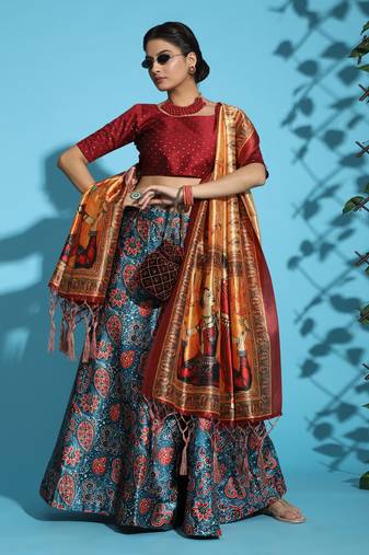 Maroon Digital Floral Print Satin Silk Fabric Semistitched Lehenga Choli With Jequared Unstitched Blouse with Dupatta