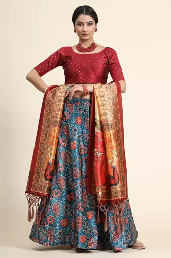 Maroon Digital Floral Print Satin Silk Fabric Semistitched Lehenga Choli With Jequared Unstitched Blouse with Dupatta