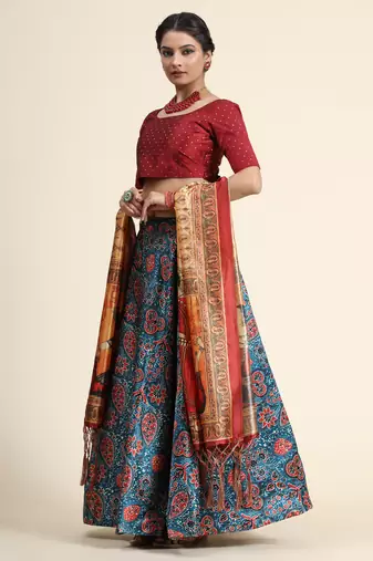 Maroon Digital Floral Print Satin Silk Fabric Semistitched Lehenga Choli With Jequared Unstitched Blouse with Dupatta