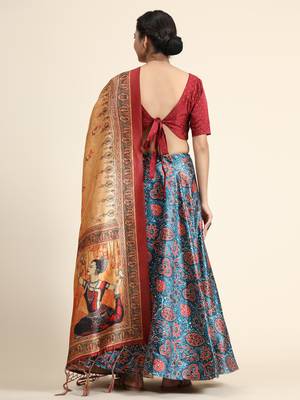 Maroon Digital Floral Print Satin Silk Fabric Semistitched Lehenga Choli With Jequared Unstitched Blouse with Dupatta 4