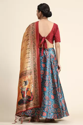 Maroon Digital Floral Print Satin Silk Fabric Semistitched Lehenga Choli With Jequared Unstitched Blouse with Dupatta