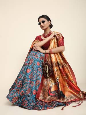 Maroon Digital Floral Print Satin Silk Fabric Semistitched Lehenga Choli With Jequared Unstitched Blouse with Dupatta 5