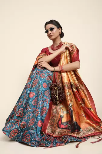 Maroon Digital Floral Print Satin Silk Fabric Semistitched Lehenga Choli With Jequared Unstitched Blouse with Dupatta