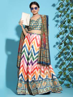 Green Digital Floral Print Satin Silk Fabric Semistitched Lehenga Choli With Jequared Unstitched Blouse with Dupatta 1