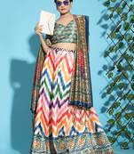 Green Digital Floral Print Satin Silk Fabric Semistitched Lehenga Choli With Jequared Unstitched Blouse with Dupatta