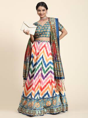 Green Digital Floral Print Satin Silk Fabric Semistitched Lehenga Choli With Jequared Unstitched Blouse with Dupatta 2