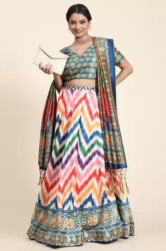 Green Digital Floral Print Satin Silk Fabric Semistitched Lehenga Choli With Jequared Unstitched Blouse with Dupatta