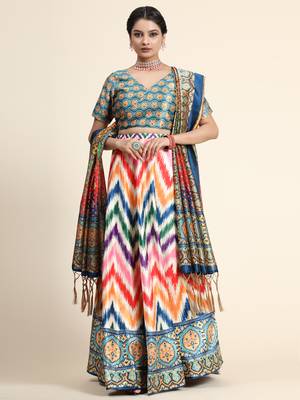Green Digital Floral Print Satin Silk Fabric Semistitched Lehenga Choli With Jequared Unstitched Blouse with Dupatta 3