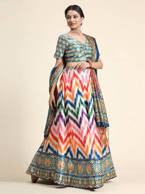 Green Digital Floral Print Satin Silk Fabric Semistitched Lehenga Choli With Jequared Unstitched Blouse with Dupatta 4