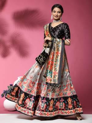 Black Satin Silk Floral Printed Lehenga Set 1