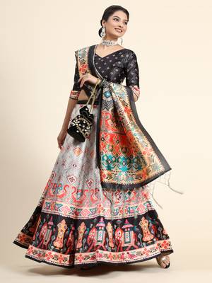 Black Satin Silk Floral Printed Lehenga Set 2