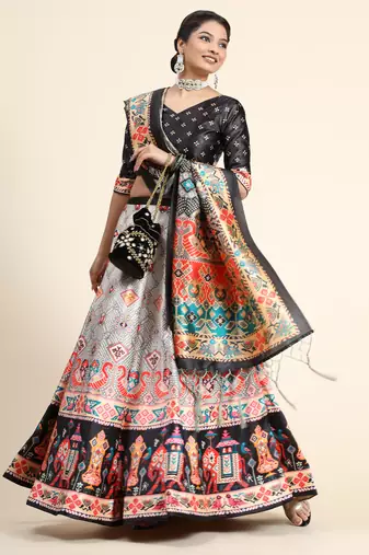 Black Satin Silk Floral Printed Lehenga Set