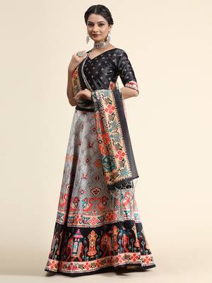 Black Satin Silk Floral Printed Lehenga Set 3